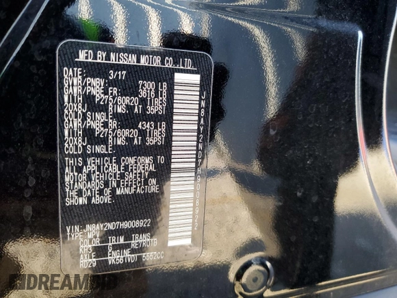 2017 Nissan Armada SV with VIN JN8AY2ND7H9008922, listed as a Copart auction lot 74460223 with 72,090 mi miles. Bid and sale history available at carsss.com. Image 13.