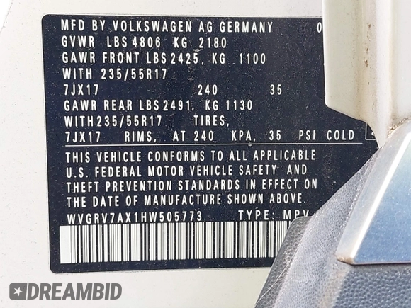 2017 Volkswagen Tiguan Wolfsburg Edition with VIN WVGRV7AX1HW505773, listed as a IAAI auction lot 38026893 with 63,026 mi miles and . Bid and sale history available at DreamBid. Image 9.