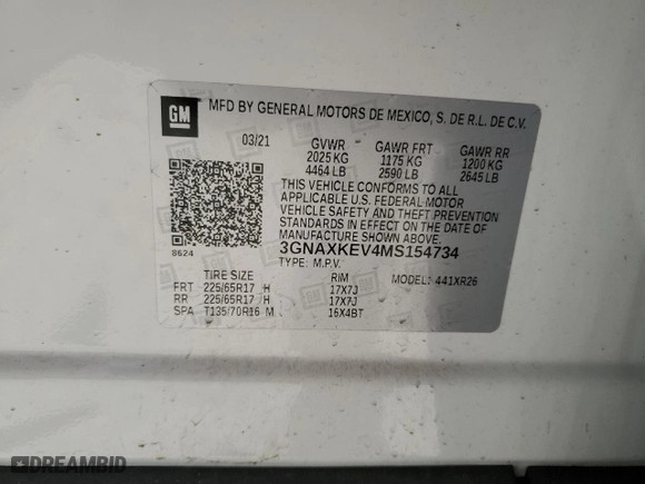 2021 Chevrolet Equinox LT with VIN 3GNAXKEV4MS154734, listed as a Copart auction lot 49855635 with 43,728 mi miles and Salvage Title. Bid and sale history available at carsss.com. Image 14.