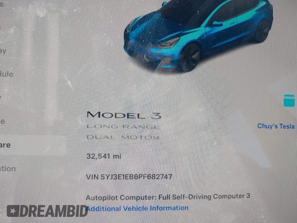 2023 Tesla Model 3 Long Range with VIN 5YJ3E1EB6PF682747, listed as a IAAI auction lot 41980506 with 32,541 mi miles and . Bid and sale history available at DreamBid. Image 15.