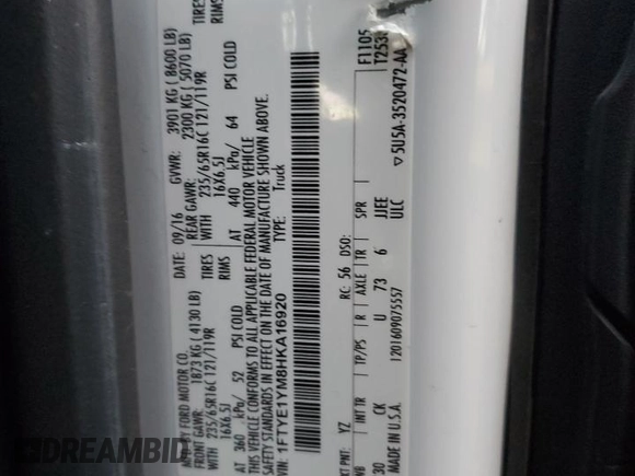 2017 Ford Transit with VIN 1FTYE1YM8HKA16920, listed as a Copart auction lot 43272095 with 99,600 mi miles and Salvage title. Bid and sale history available at DreamBid. Image 14.