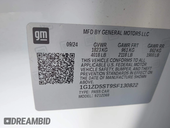 2025 Chevrolet Malibu LT with VIN 1G1ZD5ST9SF130822, listed as a IAAI auction lot 42180102 with 21,047 mi miles and . Bid and sale history available at DreamBid. Image 9.