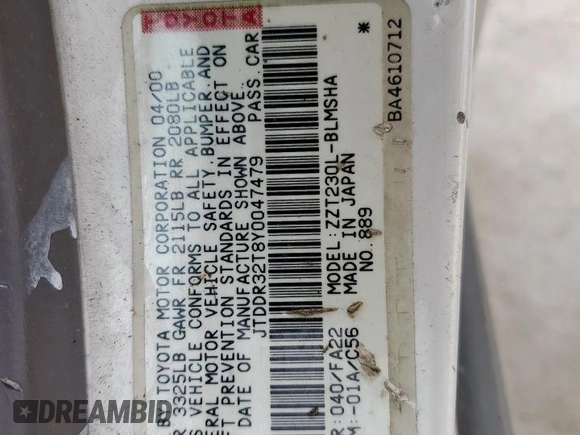 2000 Toyota Celica GT z VIN JTDDR32T8Y0047479, wystawiony jako Copart lot #50995325 z przebiegiem 175 027 mil mil oraz Szkoda całkowita • Salvage title. Historia ofert i sprzedaży dostępna na DreamBid. Obrazek 14.