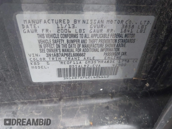 2014 Nissan Sentra SV with VIN 3N1AB7AP6EL606662, listed as a IAAI auction lot 42251275 with Not Provided miles and . Bid and sale history available at DreamBid. Image 9.