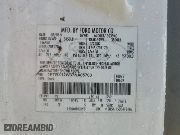 2007 Ford F-150 STX with VIN 1FTRX12W37NA05703, listed as a Copart auction lot 51927885 with 206,593 mi miles and Salvage Title. Bid and sale history available at DreamBid. Image 12.