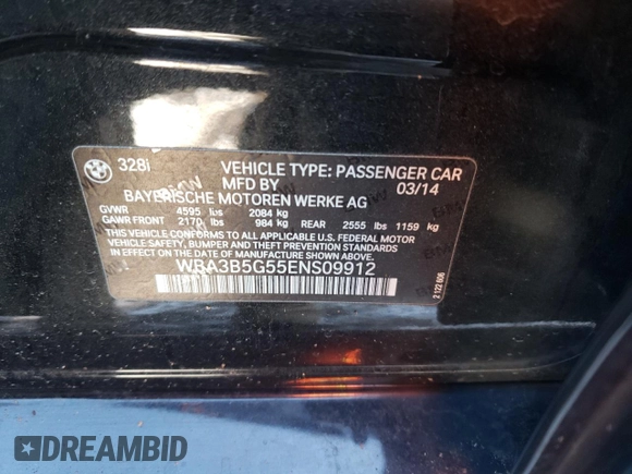 2014 BMW 3 Series 328i xDrive with VIN WBA3B5G55ENS09912, listed as a Copart auction lot 86159934 with 131,554 mi miles and Salvage Title. Bid and sale history available at DreamBid. Image 12.