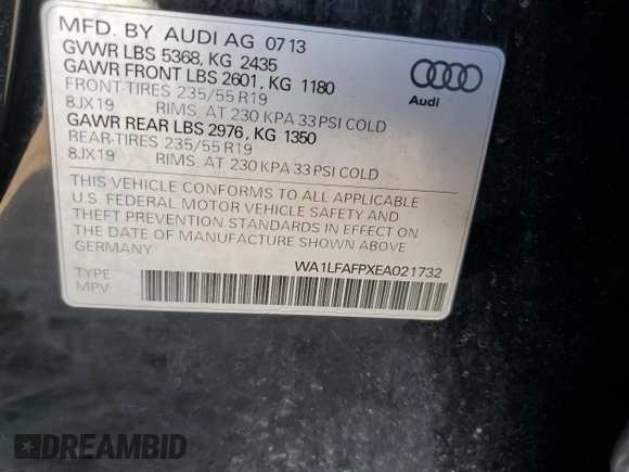 2014 Audi Q5 Premium Plus z VIN WA1LFAFPXEA021732, wystawiony jako Copart lot #66323725 z przebiegiem 149 050 mil mil oraz Szkoda całkowita • Salvage title. Historia ofert i sprzedaży dostępna na DreamBid. Obrazek 13.