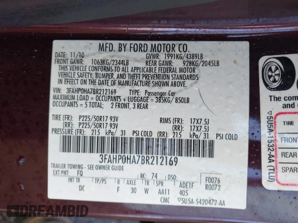 2011 Ford Fusion SE with VIN 3FAHP0HA7BR212169, listed as a IAAI auction lot 41838027 with 110,964 mi miles. Bid and sale history available at carsss.com. Image 9.