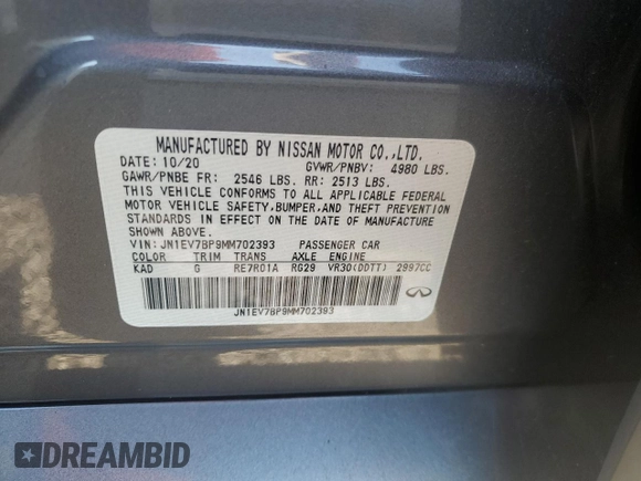 2021 Infiniti Q50 Luxe z VIN JN1EV7BP9MM702393, wystawiony jako Copart lot #55687435 z przebiegiem Nie podano mil oraz Czysty tytuł • Clean title. Historia ofert i sprzedaży dostępna na DreamBid. Obrazek 12.