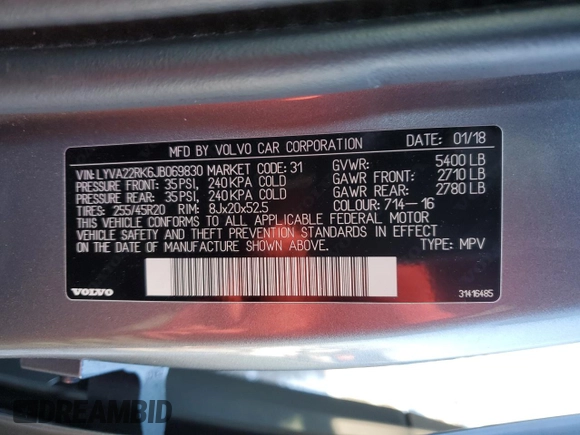 2018 Volvo XC60 Momentum с VIN LYVA22RK6JB069830, выставлен на аукционе Copart как лот 41773915 с пробегом 111 870 миль миль и Списание • Salvage title. История ставок и продаж доступна на DreamBid. Изображение 16.
