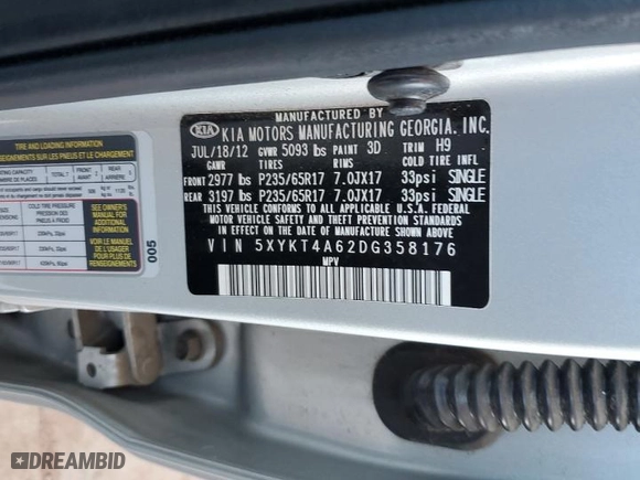 2013 Kia Sorento LX with VIN 5XYKT4A62DG358176, listed as a Copart auction lot 54159245 with 142,367 mi miles and Clean Title. Bid and sale history available at carsss.com. Image 13.