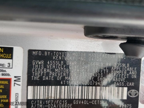 2009 Toyota Camry LE with VIN 4T1BK46K09U079450, listed as a Copart auction lot 50980445 with 182,676 mi miles and Salvage Title. Bid and sale history available at carsss.com. Image 12.