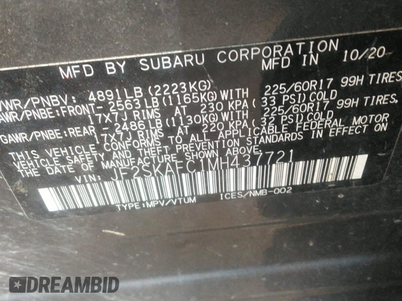 2021 Subaru Forester Premium with VIN JF2SKAFC1MH437721, listed as a IAAI auction lot 42633556 with 119,574 mi miles and . Bid and sale history available at DreamBid. Image 9.