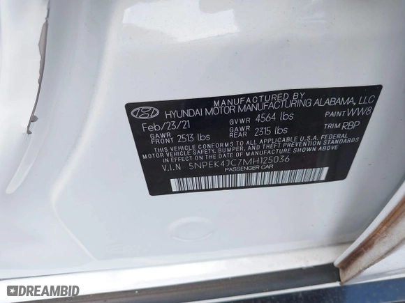 2021 Hyundai Sonata N Line with VIN 5NPEK4JC7MH125036, listed as a IAAI auction lot 41813459 with 32,131 mi miles. Bid and sale history available at carsss.com. Image 9.