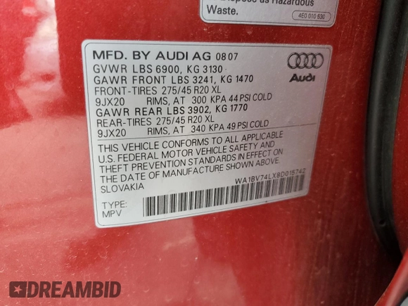2008 Audi Q7 4.2L Premium with VIN WA1BV74LX8D015742, listed as a Copart auction lot 81179354 with 165,288 mi miles and Salvage Title. Bid and sale history available at carsss.com. Image 12.