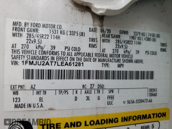 2020 Ford Expedition Limited с VIN 1FMJU2AT7LEA61281, выставлен на аукционе Copart как лот 51326335 с пробегом 48 158 миль миль и Списание • Salvage title. История ставок и продаж доступна на DreamBid. Изображение 13.