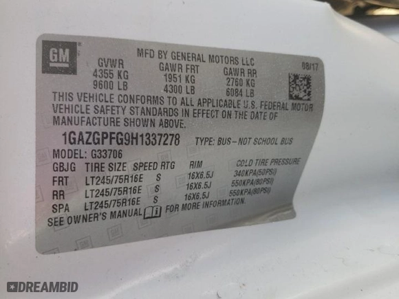 2017 Chevrolet Express Passenger LT with VIN 1GAZGPFG9H1337278, listed as a Copart auction lot 44725385 with 42,992 mi miles and Salvage Title. Bid and sale history available at carsss.com. Image 13.