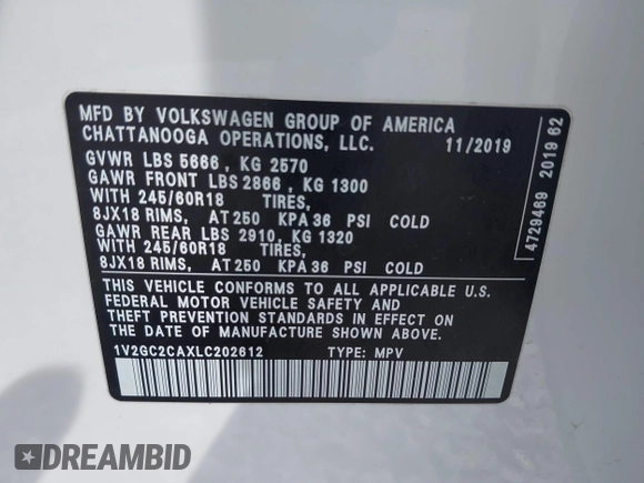 2020 Volkswagen Atlas S z VIN 1V2GC2CAXLC202612, wystawiony jako IAAI lot #42364811 z przebiegiem 73 957 mil mil oraz . Historia ofert i sprzedaży dostępna na DreamBid. Obrazek 9.