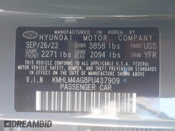 2023 Hyundai Elantra SEL with VIN KMHLM4AG8PU437909, listed as a IAAI auction lot 41869596 with 54,031 mi miles and . Bid and sale history available at DreamBid. Image 9.