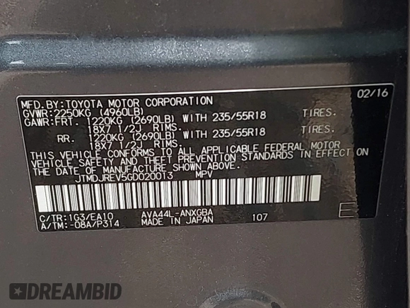 2016 Toyota RAV4 Limited с VIN JTMDJREV5GD020013, выставлен на аукционе IAAI как лот 42461822 с пробегом 186 402 миль миль и . История ставок и продаж доступна на DreamBid. Изображение 9.
