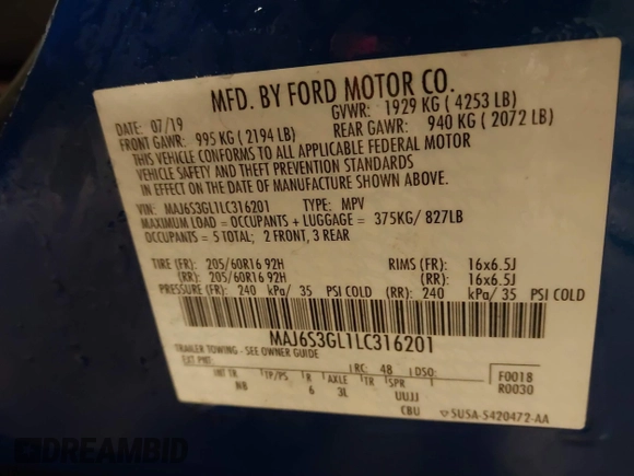 2020 Ford EcoSport SE with VIN MAJ6S3GL1LC316201, listed as a IAAI auction lot 41496100 with 33,406 mi miles and . Bid and sale history available at DreamBid. Image 9.
