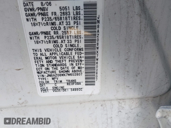 2007 Nissan Murano SL with VIN JN8AZ08WX7W602807, listed as a IAAI auction lot 41644942 with 240,236 mi miles and . Bid and sale history available at DreamBid. Image 9.