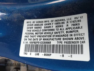 2012 Honda Civic LX z VIN 19XFB2F51CE359968, wystawiony jako IAAI lot #42350373 z przebiegiem 126 215 mil mil oraz . Historia ofert i sprzedaży dostępna na DreamBid. Obrazek 9.