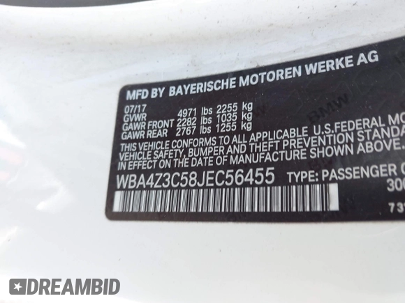 2018 BMW 4 Series 430i xDrive with VIN WBA4Z3C58JEC56455, listed as a IAAI auction lot 42198338 with 75,737 mi miles and . Bid and sale history available at DreamBid. Image 9.
