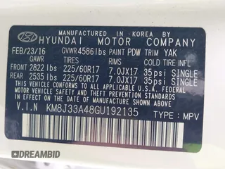 2016 Hyundai Tucson SE z VIN KM8J33A48GU192135, wystawiony jako IAAI lot #42216339 z przebiegiem 79 283 mil mil oraz . Historia ofert i sprzedaży dostępna na DreamBid. Obrazek 9.