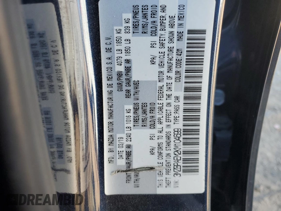 2019 Mazda 3 Premium with VIN 3MZBPAEM2KM104699, listed as a Copart auction lot 86170374 with 59,618 mi miles and Salvage Title. Bid and sale history available at DreamBid. Image 13.