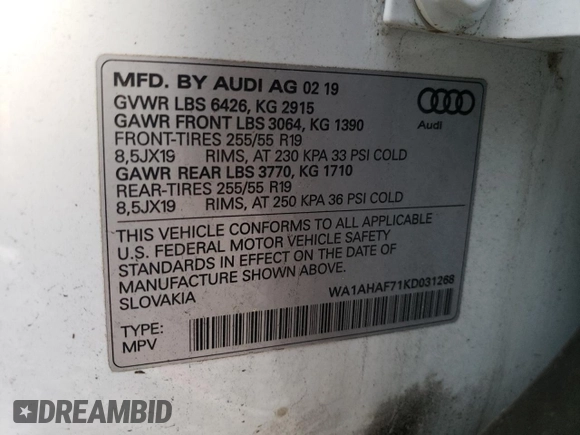 2019 Audi Q7 Premium z VIN WA1AHAF71KD031268, wystawiony jako Copart lot #87387164 z przebiegiem 22 853 mil mil oraz Szkoda całkowita • Salvage title. Historia ofert i sprzedaży dostępna na DreamBid. Obrazek 13.