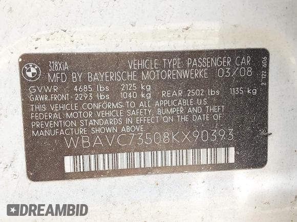 2008 BMW 3 Series 328xi with VIN WBAVC73508KX90393, listed as a IAAI auction lot 42551963 with 166,755 mi miles and . Bid and sale history available at DreamBid. Image 9.