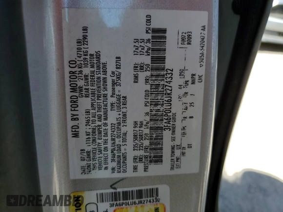 2018 Ford Fusion Hybrid SE with VIN 3FA6P0LU6JR274332, listed as a Copart auction lot 42660783 with 80,678 mi miles. Bid and sale history available at carsss.com. Image 12.