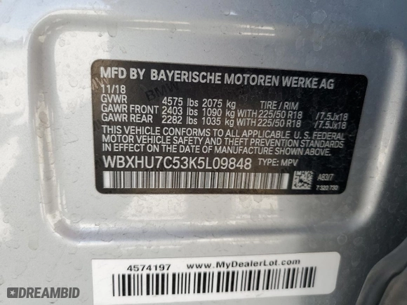 2019 BMW X1 sDrive28i with VIN WBXHU7C53K5L09848, listed as a Copart auction lot 59685294 with 0 mi miles and Salvage Title. Bid and sale history available at carsss.com. Image 14.