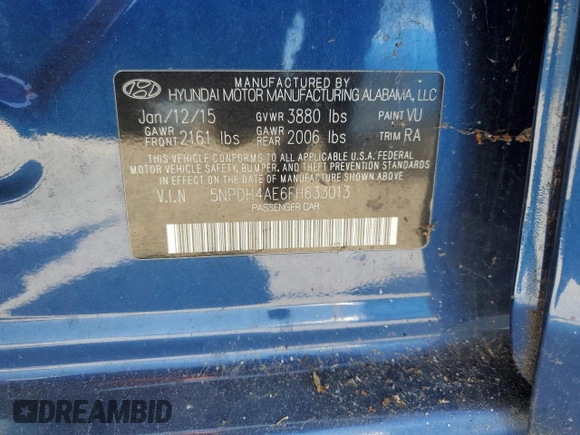 2015 Hyundai Elantra SE with VIN 5NPDH4AE6FH633013, listed as a Copart auction lot 62235615 with 126,123 mi miles and Clean title. Bid and sale history available at DreamBid. Image 12.