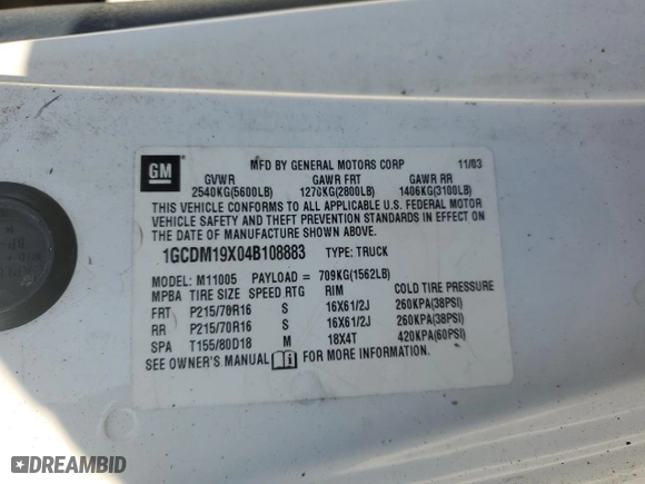 2004 Chevrolet Astro Cargo Van with VIN 1GCDM19X04B108883, listed as a Copart auction lot 50061715 with 0 mi miles and Salvage Title. Bid and sale history available at carsss.com. Image 14.