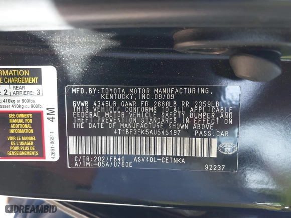 2010 Toyota Camry with VIN 4T1BF3EK5AU545197, listed as a IAAI auction lot 41454448 with 228,183 mi miles. Bid and sale history available at carsss.com. Image 9.