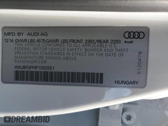 2015 Audi S3 2.0T Premium Plus with VIN WAUBFGFF6F1092551, listed as a Copart auction lot 63901203 with 106,240 mi miles. Bid and sale history available at carsss.com. Image 13.