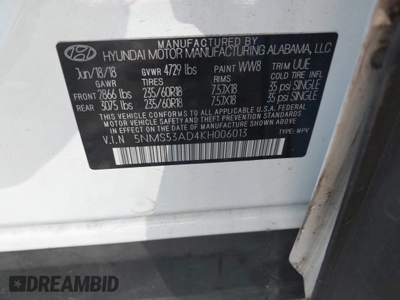 2019 Hyundai Santa Fe Limited with VIN 5NMS53AD4KH006013, listed as a IAAI auction lot 41411439 with 54,007 mi miles. Bid and sale history available at carsss.com. Image 9.