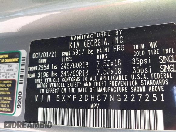 2022 Kia Telluride LX with VIN 5XYP2DHC7NG227251, listed as a IAAI auction lot 40356757 with 57,792 mi miles and . Bid and sale history available at DreamBid. Image 9.