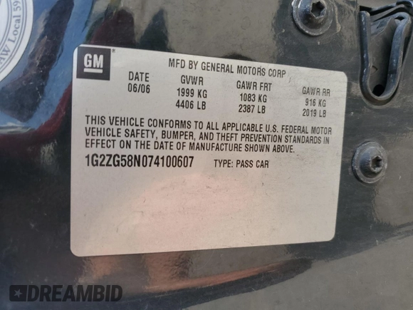 2007 Pontiac G6 G6 with VIN 1G2ZG58N074100607, listed as a Copart auction lot 66092835 with 109,657 mi miles and Salvage title. Bid and sale history available at DreamBid. Image 12.