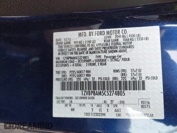 2012 Ford Mustang Premium with VIN 1ZVBP8AM5C5274805, listed as a IAAI auction lot 41934449 with 51,951 mi miles and . Bid and sale history available at DreamBid. Image 9.