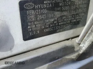 2003 Hyundai Santa Fe GLS with VIN KM8SC13D63U476427, listed as a Copart auction lot 46051555 with 174,337 mi miles and Salvage Title. Bid and sale history available at carsss.com. Image 15.