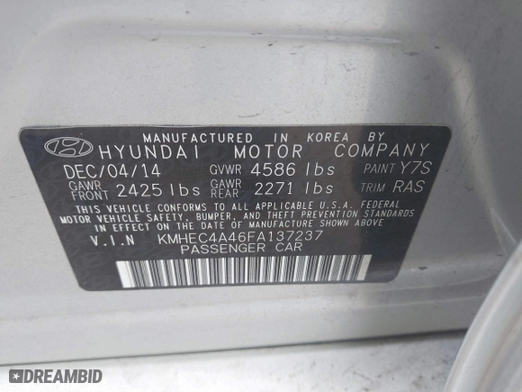 2015 Hyundai Sonata Hybrid Limited with VIN KMHEC4A46FA137237, listed as a IAAI auction lot 41478749 with 125,405 mi miles. Bid and sale history available at carsss.com. Image 9.