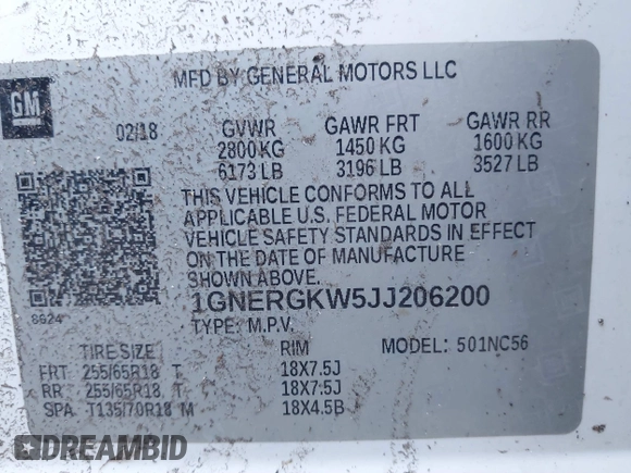 2018 Chevrolet Traverse LT Cloth with VIN 1GNERGKW5JJ206200, listed as a IAAI auction lot 41774993 with 142,587 mi miles. Bid and sale history available at carsss.com. Image 9.