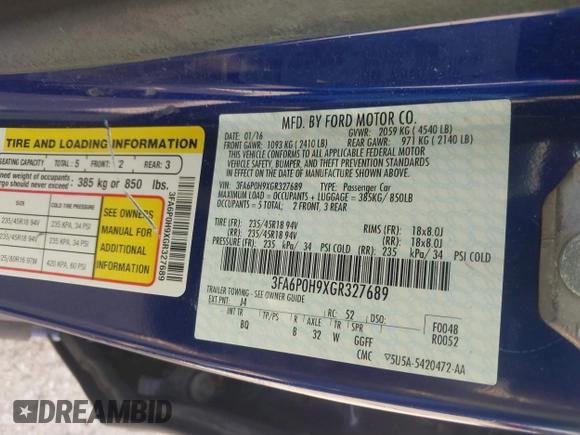 2016 Ford Fusion SE with VIN 3FA6P0H9XGR327689, listed as a IAAI auction lot 42532137 with 93,440 mi miles and . Bid and sale history available at DreamBid. Image 9.