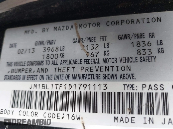 2013 Mazda 3 i SV with VIN JM1BL1TF1D1791113, listed as a IAAI auction lot 42588531 with 183,398 mi miles and . Bid and sale history available at DreamBid. Image 9.