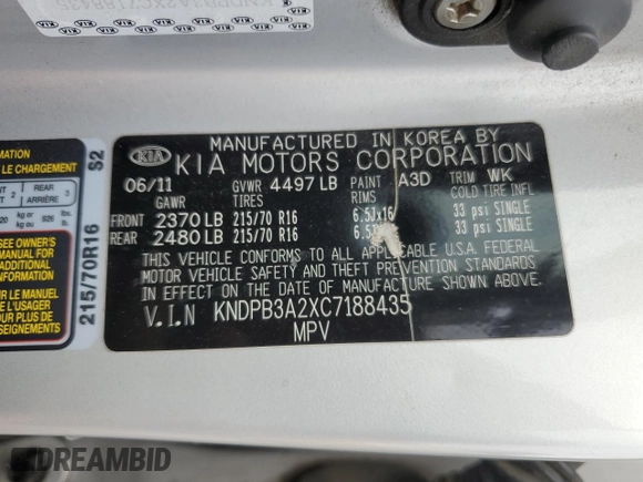 2012 Kia Sportage LX with VIN KNDPB3A2XC7188435, listed as a Copart auction lot 47492475 with 187,870 mi miles and Salvage Title. Bid and sale history available at carsss.com. Image 13.