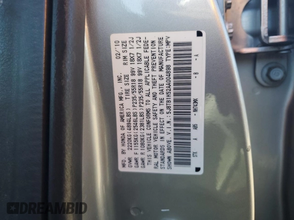 2010 Acura RDX Technology with VIN 5J8TB1H52AA004898, listed as a Copart auction lot 56350165 with 98,087 mi miles and Salvage title. Bid and sale history available at DreamBid. Image 14.