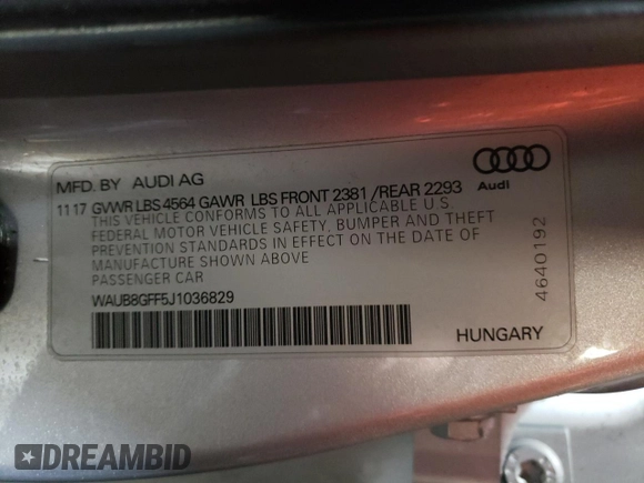 2018 Audi A3 Sedan Premium with VIN WAUB8GFF5J1036829, listed as a Copart auction lot 39060534 with 64,320 mi miles. Bid and sale history available at carsss.com. Image 13.